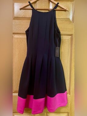 NWT Vince Camuto Navy Blue Fit-and-Flare scuba Dress with Hot Pink Hem size 12